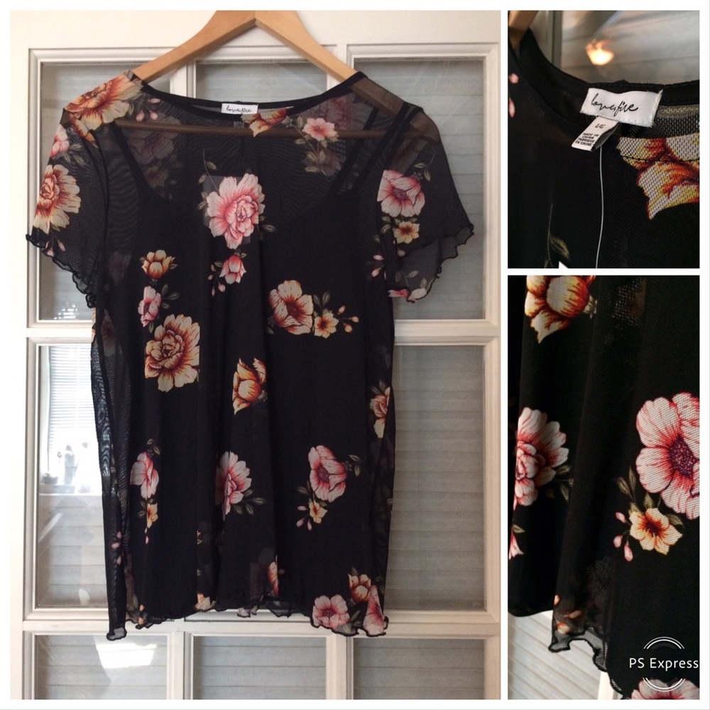 NWT Love, Fire Black Sheer Floral Blouse Sz L 🌻